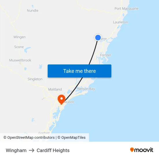 Wingham to Cardiff Heights map
