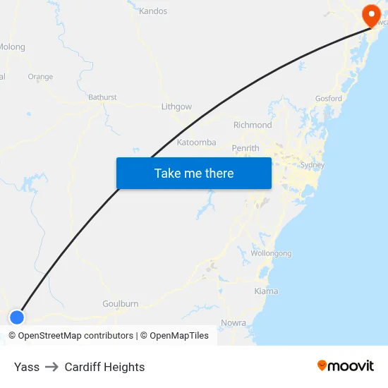 Yass to Cardiff Heights map