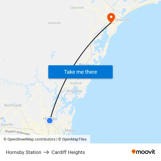 Hornsby Station to Cardiff Heights map