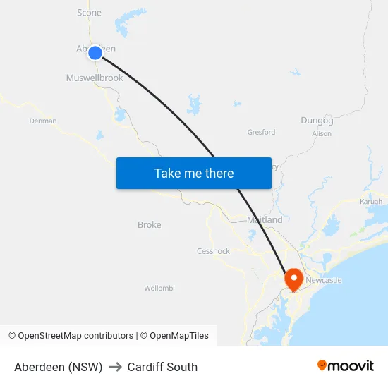 Aberdeen (NSW) to Cardiff South map