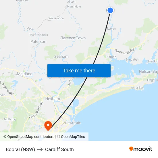 Booral (NSW) to Cardiff South map