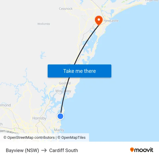 Bayview (NSW) to Cardiff South map