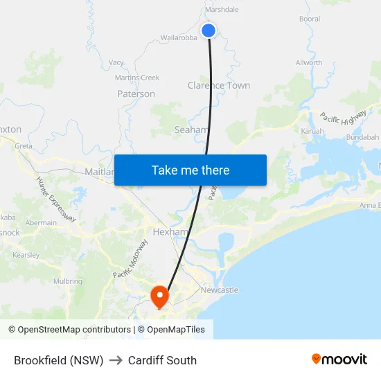 Brookfield (NSW) to Cardiff South map