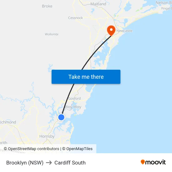 Brooklyn (NSW) to Cardiff South map