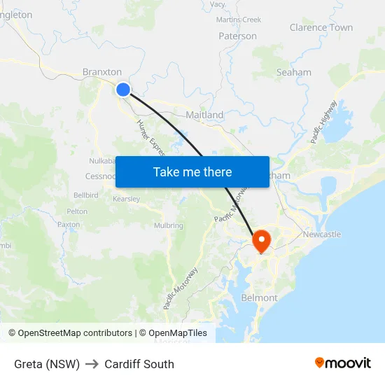 Greta (NSW) to Cardiff South map