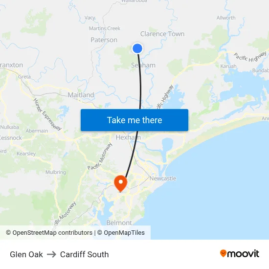 Glen Oak to Cardiff South map