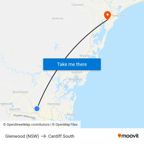 Glenwood (NSW) to Cardiff South map