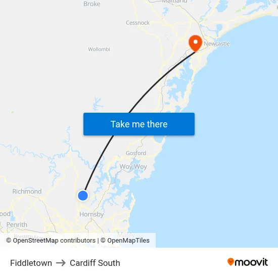Fiddletown to Cardiff South map
