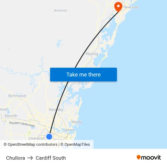 Chullora to Cardiff South map