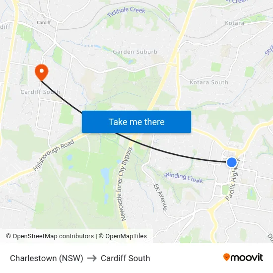 Charlestown (NSW) to Cardiff South map