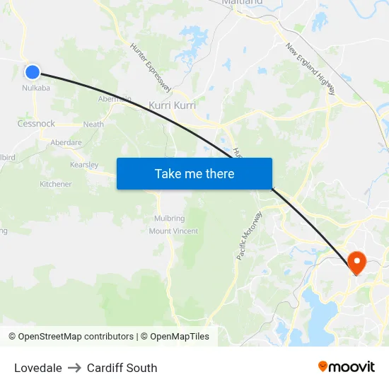 Lovedale to Cardiff South map