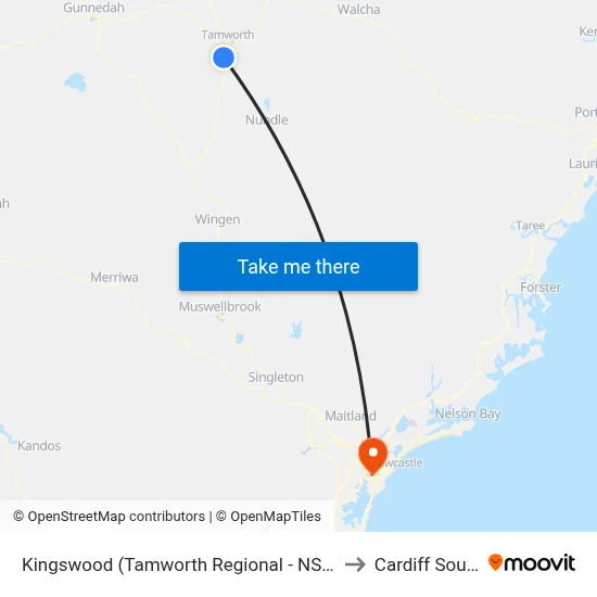 Kingswood (Tamworth Regional - NSW) to Cardiff South map
