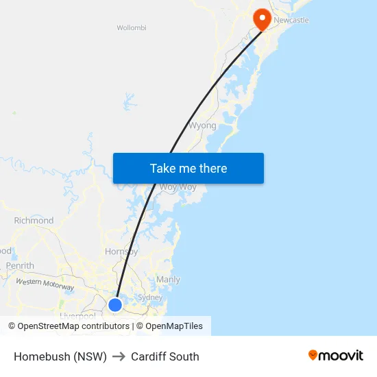 Homebush (NSW) to Cardiff South map