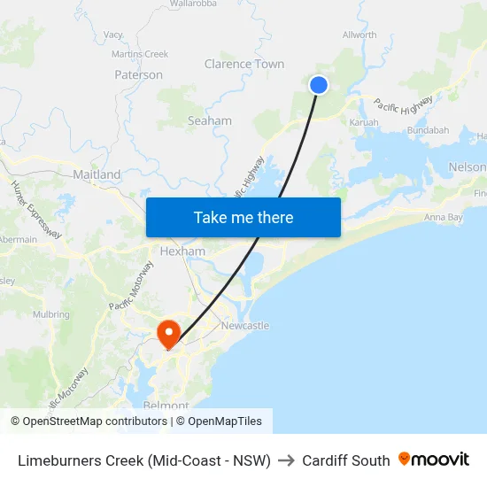 Limeburners Creek (Mid-Coast - NSW) to Cardiff South map