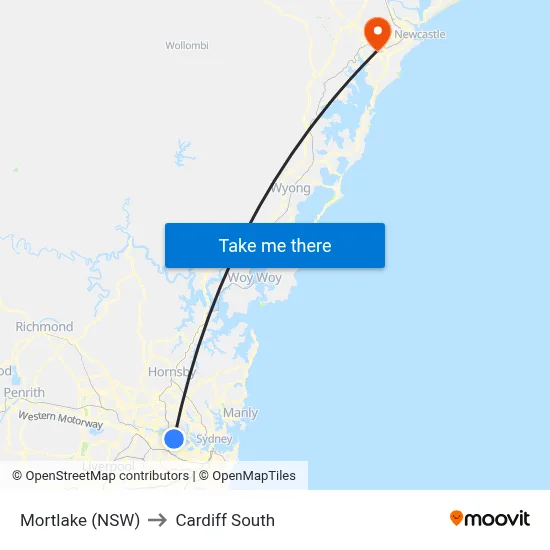 Mortlake (NSW) to Cardiff South map