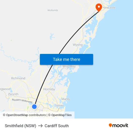 Smithfield (NSW) to Cardiff South map