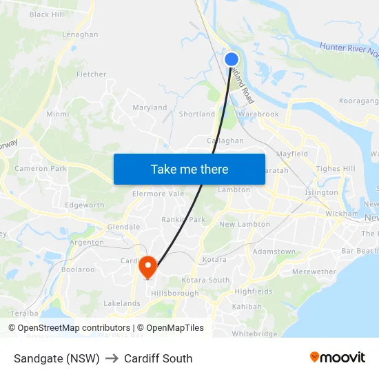 Sandgate (NSW) to Cardiff South map