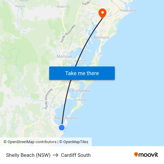 Shelly Beach (NSW) to Cardiff South map