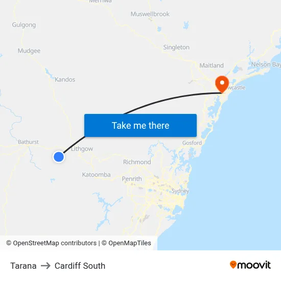 Tarana to Cardiff South map