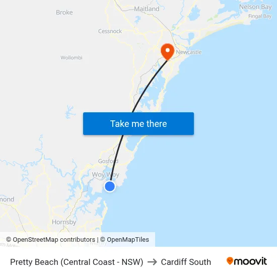 Pretty Beach (Central Coast - NSW) to Cardiff South map