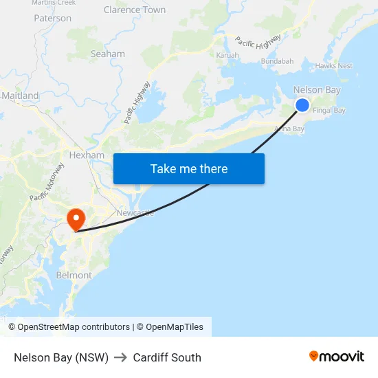 Nelson Bay (NSW) to Cardiff South map