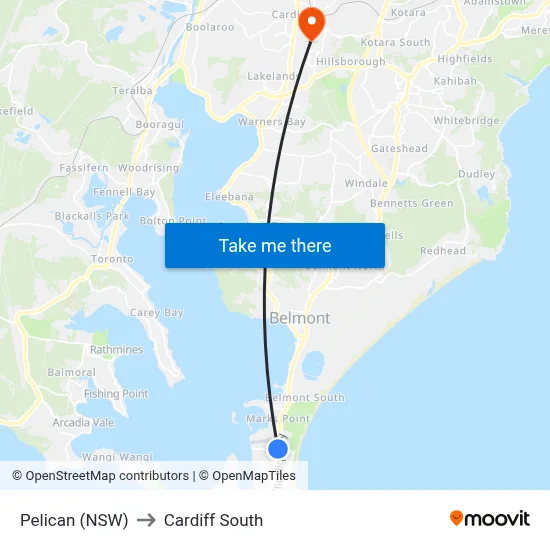 Pelican (NSW) to Cardiff South map
