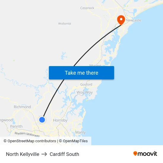 North Kellyville to Cardiff South map