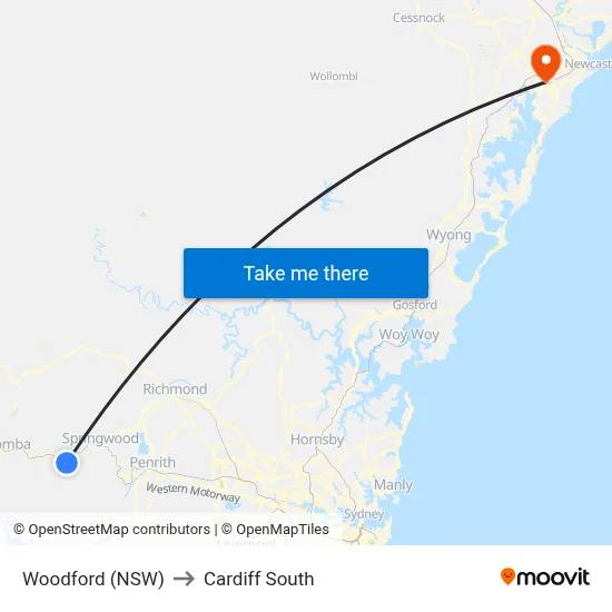 Woodford (NSW) to Cardiff South map