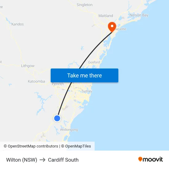Wilton (NSW) to Cardiff South map