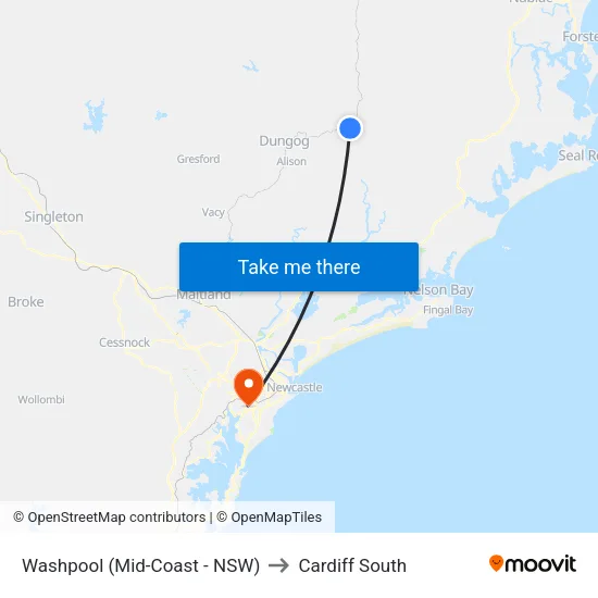 Washpool (Mid-Coast - NSW) to Cardiff South map
