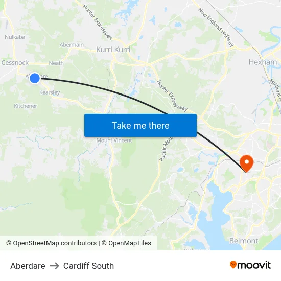 Aberdare to Cardiff South map
