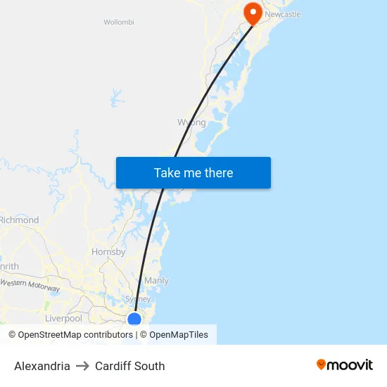 Alexandria to Cardiff South map