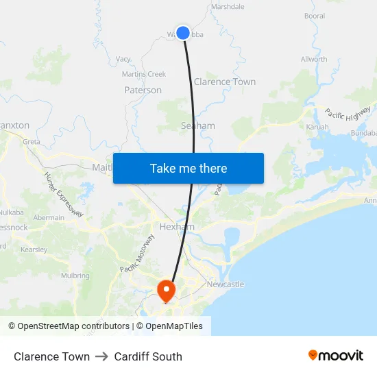 Clarence Town to Cardiff South map