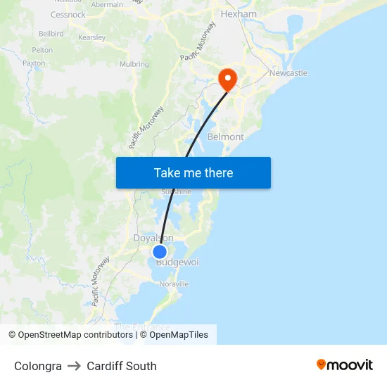 Colongra to Cardiff South map