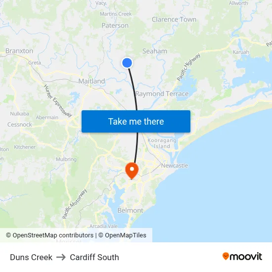 Duns Creek to Cardiff South map