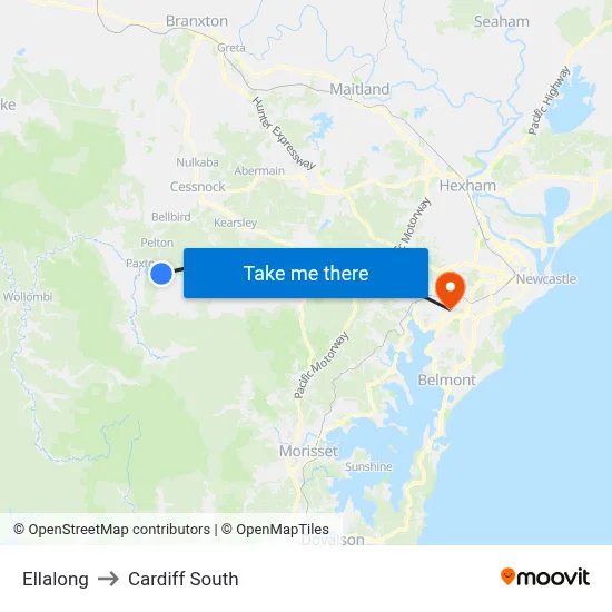 Ellalong to Cardiff South map
