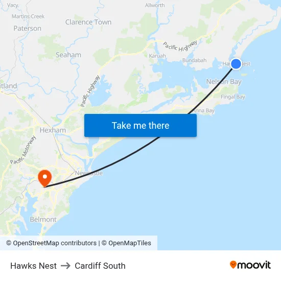 Hawks Nest to Cardiff South map