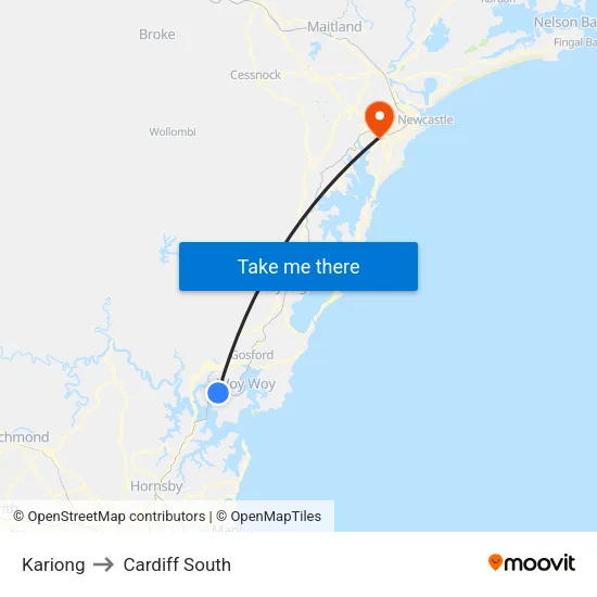 Kariong to Cardiff South map