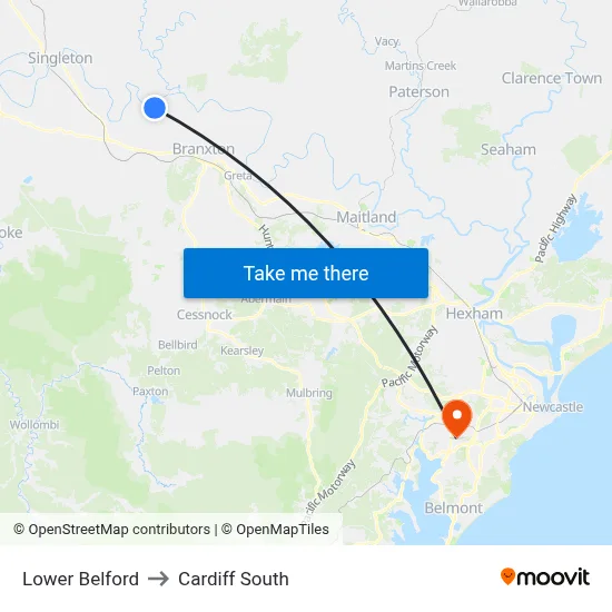 Lower Belford to Cardiff South map