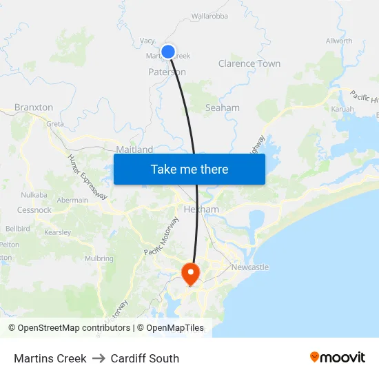 Martins Creek to Cardiff South map