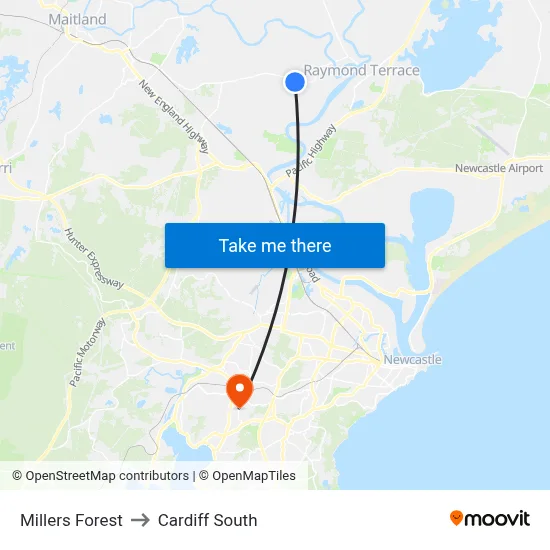 Millers Forest to Cardiff South map