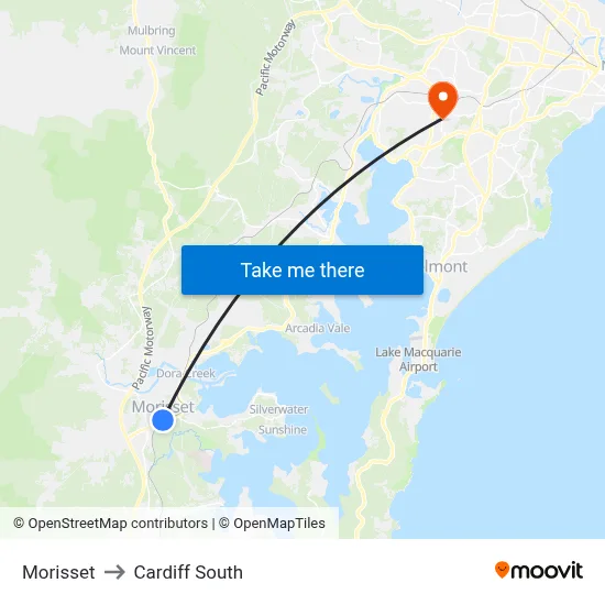Morisset to Cardiff South map