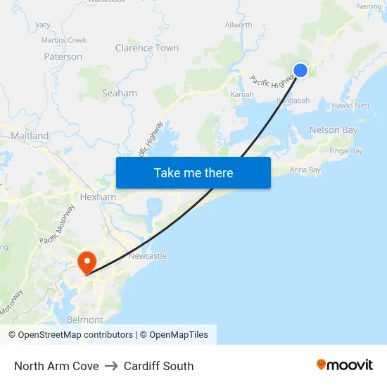 North Arm Cove to Cardiff South map