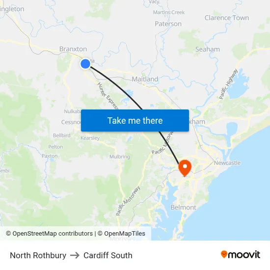 North Rothbury to Cardiff South map