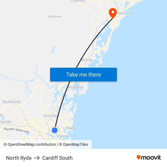 North Ryde to Cardiff South map