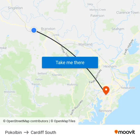 Pokolbin to Cardiff South map