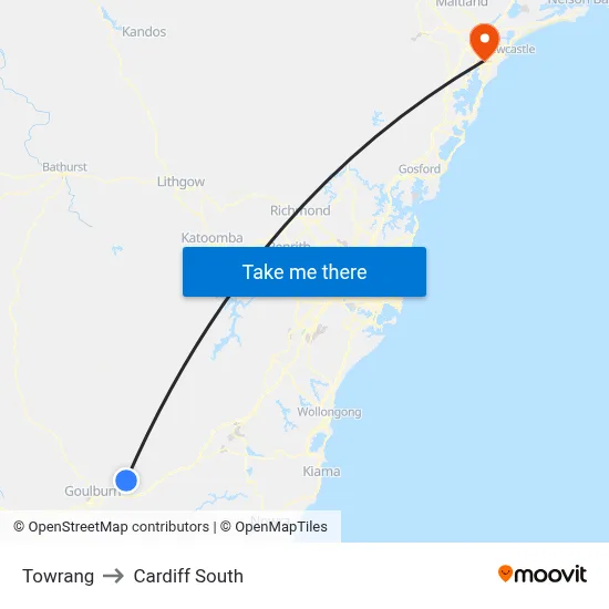 Towrang to Cardiff South map