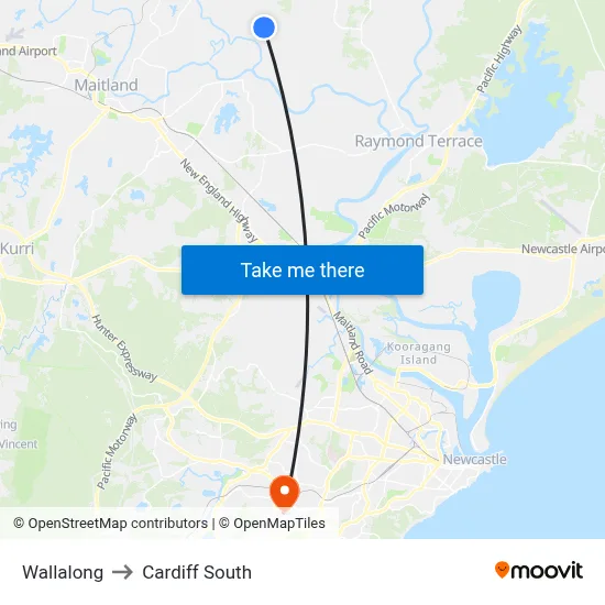 Wallalong to Cardiff South map