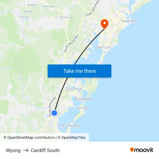 Wyong to Cardiff South map