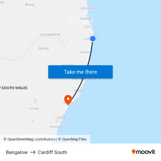 Bangalow to Cardiff South map